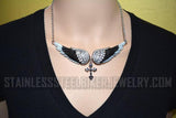 Heavy Metal Jewelry Ladies Large Black Bling Angel Wing Cross Pendant Necklace Stainless Steel SP42