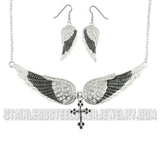 Heavy Metal Jewelry Ladies Black Bling Angel Wing Cross Pendant Necklace & Earring Set Stainless Steel SP2242C