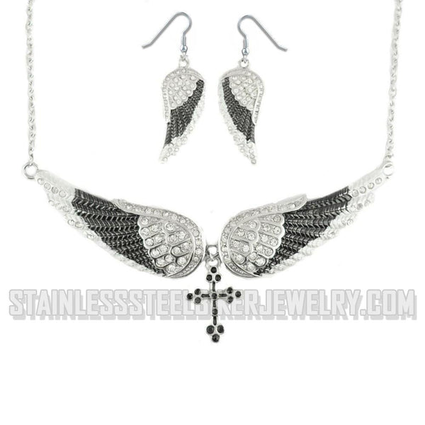 Heavy Metal Jewelry Ladies Black Bling Angel Wing Cross Pendant Necklace & Earring Set Stainless Steel SP2242C