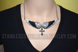Heavy Metal Jewelry Ladies Black Bling Angel Wing Cross Pendant Necklace & Earring Set Stainless Steel SP2242C