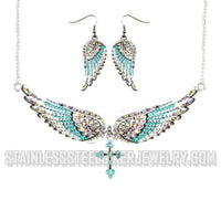 Heavy Metal Jewelry Ladies Turquoise Bling Angel Wing Cross Pendant Necklace/Earring Set Stainless Steel SP2244B