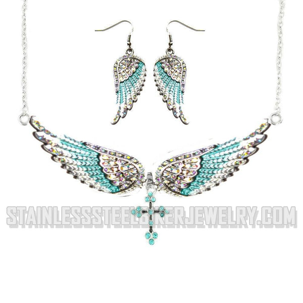 Heavy Metal Jewelry Ladies Turquoise Bling Angel Wing Cross Pendant Necklace/Earring Set Stainless Steel SP2244B