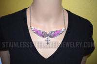 Heavy Metal Jewelry Ladies Large Pink Bling Angel Wing Cross Pendant Necklace Stainless Steel SP29
