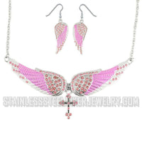 Heavy Metal Jewelry Ladies Pink Bling Angel Wing Cross Pendant Necklace/Earring Set Stainless Steel SP2245C