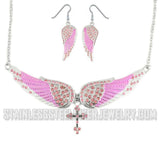 Heavy Metal Jewelry Ladies Pink Bling Angel Wing Cross Pendant Necklace/Earring Set Stainless Steel SP2245C
