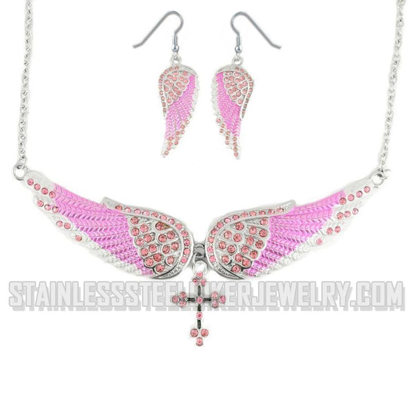 Heavy Metal Jewelry Ladies Pink Bling Angel Wing Cross Pendant Necklace/Earring Set Stainless Steel SP2245C