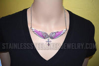 Heavy Metal Jewelry Ladies Pink Bling Angel Wing Cross Pendant Necklace/Earring Set Stainless Steel SP2245C