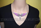 Heavy Metal Jewelry Ladies Pink Bling Angel Wing Cross Pendant Necklace/Earring Set Stainless Steel SP2245C
