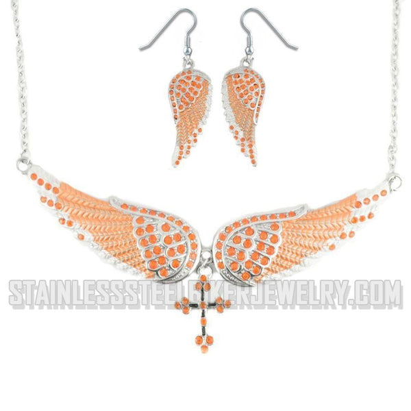 Heavy Metal Jewelry Ladies Orange Bling Angel Wing Cross Pendant Necklace/Earring Set Stainless Steel SP2246C