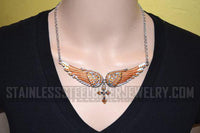 Heavy Metal Jewelry Ladies Orange Bling Angel Wing Cross Pendant Necklace/Earring Set Stainless Steel SP2246C