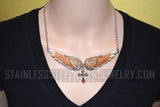 Heavy Metal Jewelry Ladies Orange Bling Angel Wing Cross Pendant Necklace/Earring Set Stainless Steel SP2246C