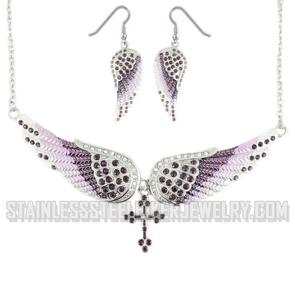 Heavy Metal Jewelry Ladies Purple Bling Angel Wing Cross Pendant Necklace/Earring Set Stainless Steel SP2251C