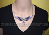 Heavy Metal Jewelry Ladies Purple Bling Angel Wing Cross Pendant Necklace/Earring Set Stainless Steel SP2251C