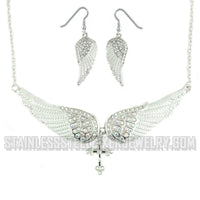 Heavy Metal Jewelry Ladies White Bling Angel Wing Cross Pendant Necklace/Earring Set Stainless Steel SP2253C