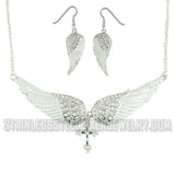 Heavy Metal Jewelry Ladies White Bling Angel Wing Cross Pendant Necklace/Earring Set Stainless Steel SP2253C