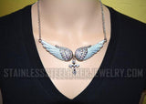 Heavy Metal Jewelry Ladies White Bling Angel Wing Cross Pendant Necklace/Earring Set Stainless Steel SP2253C