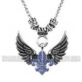 Heavy Metal Jewelry Ladies Blue Bling Open Wing Fleur De Lis Pendant Necklace Stainless Steel SP71