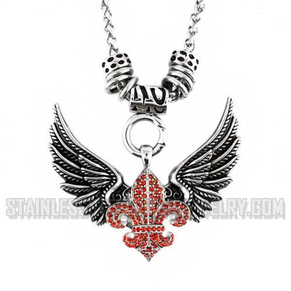 Heavy Metal Jewelry Ladies Red Bling Open Wing Fleur De Lis Pendant Necklace Stainless Steel SP2260RED