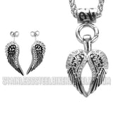 Heavy Metal Jewelry Ladies Angel Wing Heart Pendant Necklace Matching Earrings Set Stainless Steel SP2280