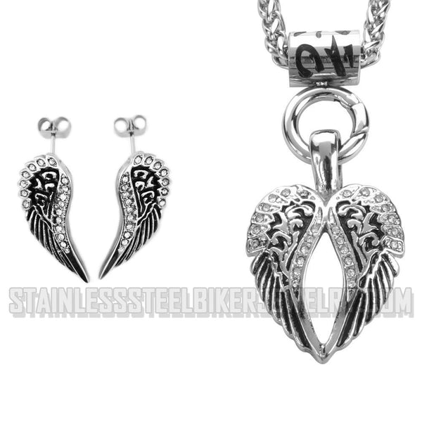 Heavy Metal Jewelry Ladies Angel Wing Heart Pendant Necklace Matching Earrings Set Stainless Steel SP2280