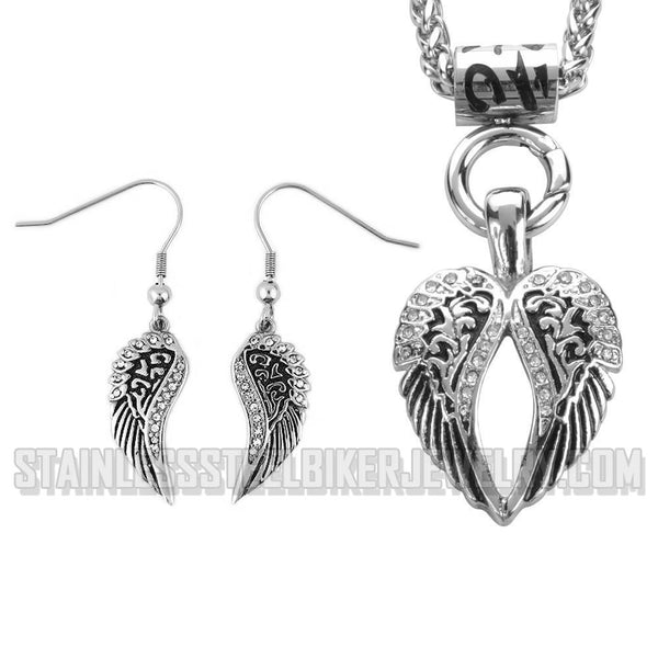 Heavy Metal Jewelry Ladies Angel Wing Heart Pendant Necklace Matching Earrings Set Stainless Steel SP2282