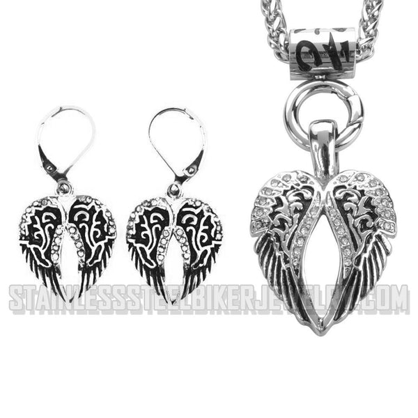 Heavy Metal Jewelry Ladies Angel Wing Heart Pendant Necklace Matching Earrings Set Stainless Steel SP2296