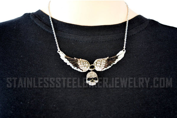 Heavy Metal Jewelry Ladies Black Bling Angel Wing Willie G Skull Pendant Necklace Stainless Steel SP2306