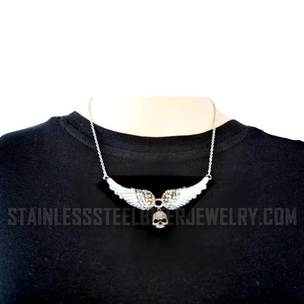 Heavy Metal Jewelry Ladies White Bling Angel Wing Willie G Skull Pendant Necklace Stainless Steel SP2307