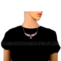 Heavy Metal Jewelry Ladies Pink Bling Angel Wing Willie G Skull Pendant Necklace Stainless Steel SP2308