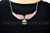 Heavy Metal Jewelry Ladies Pink Bling Angel Wing Willie G Skull Pendant Necklace Stainless Steel SP2308