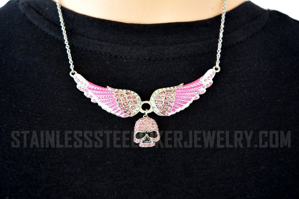 Heavy Metal Jewelry Ladies Pink Bling Angel Wing Willie G Skull Pendant Necklace Stainless Steel SP2308