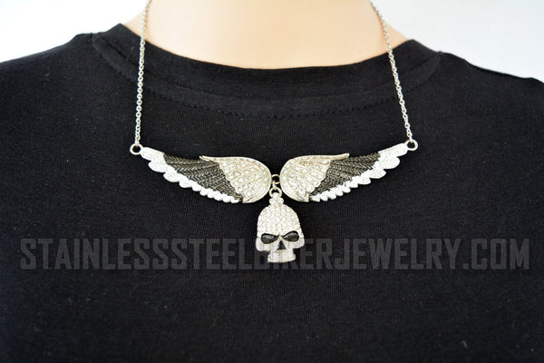 Heavy Metal Jewelry Ladies Black Bling Angel Wing Willie G Large Skull Pendant Necklace Stainless Steel SP2309