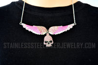 Heavy Metal Jewelry Ladies Pink Bling Willie G Skull Angel Wing Large Pendant Necklace Stainless Steel SP2312