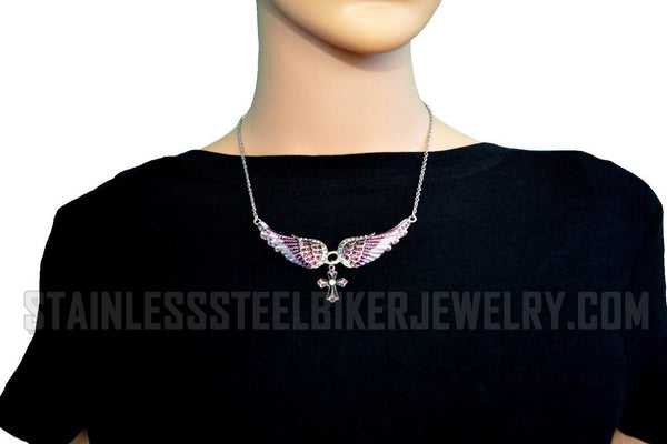 Heavy Metal Jewelry Ladies Small Purple Bling Angel Wing Filigree Cross Pendant Necklace Stainless Steel SP43-S
