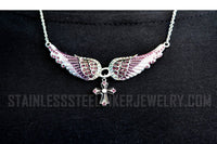 Heavy Metal Jewelry Ladies Small Purple Bling Angel Wing Filigree Cross Pendant Necklace Stainless Steel SP43-S