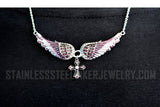 Heavy Metal Jewelry Ladies Small Purple Bling Angel Wing Filigree Cross Pendant Necklace Stainless Steel SP43-S