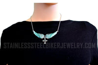 Small Ladies Seafoam / Turquoise Angel Wing Crystal Necklace Religious Cross SP19