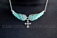 Small Ladies Seafoam / Turquoise Angel Wing Crystal Necklace Religious Cross SP19
