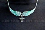 Small Ladies Seafoam / Turquoise Angel Wing Crystal Necklace Religious Cross SP19