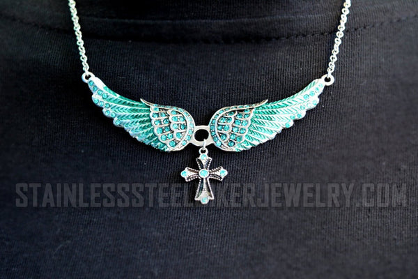 Small Ladies Seafoam / Turquoise Angel Wing Crystal Necklace Religious Cross SP19