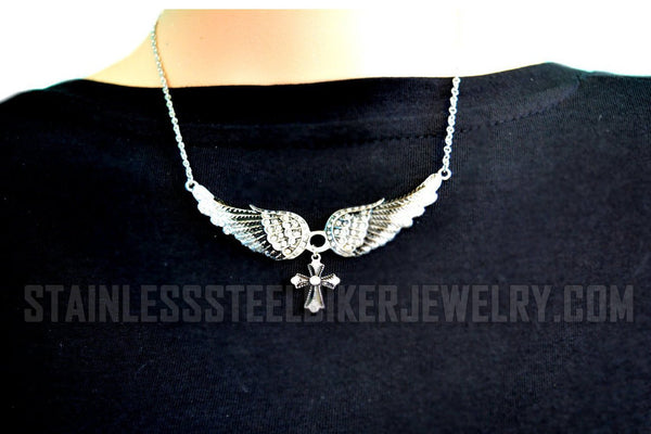 Heavy Metal Jewelry Ladies Black Bling Angel Wing Filigree Cross Pendant Necklace Stainless Steel SP42-S