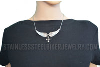 Heavy Metal Jewelry Ladies White Bling Angel Wing Filigree Cross Pendant Necklace Stainless Steel SP2324