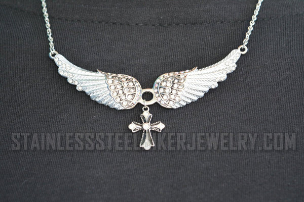Heavy Metal Jewelry Ladies White Bling Angel Wing Filigree Cross Pendant Necklace Stainless Steel SP2324