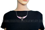 Heavy Metal Jewelry Ladies Small Pink Bling Angel Wing Filigree Cross Pendant Necklace Stainless Steel SP29-S