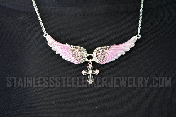 Heavy Metal Jewelry Ladies Small Pink Bling Angel Wing Filigree Cross Pendant Necklace Stainless Steel SP29-S