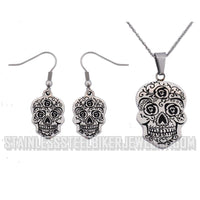 Ladies Sugar Skull Pendant Stainless Steel Matching Earrings Set Necklace SP74S