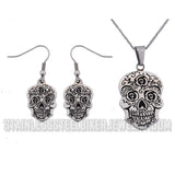 Ladies Sugar Skull Pendant Stainless Steel Matching Earrings Set Necklace SP74S