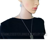 Ladies Sugar Skull Pendant Stainless Steel Matching Earrings Set Necklace SP74S