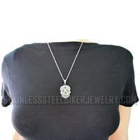 Ladies Sugar Skull Pendant Stainless Steel Matching Earrings Set Necklace SP74S