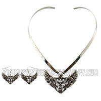 Heavy Metal Jewelry Ladies Flying Heart Pendant V-Cuff Necklace Stainless Steel Matching Earring Set SN2535